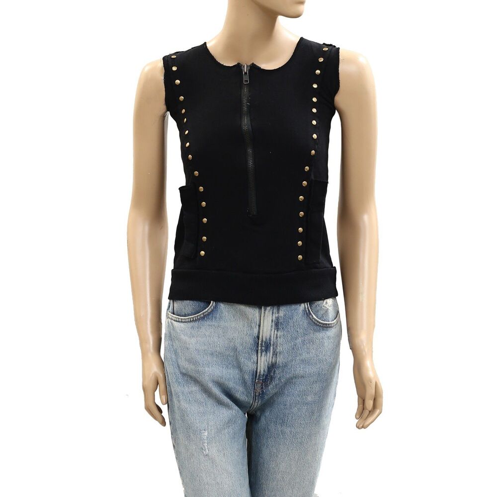 Free People Studded Tank Blouse Top Sleeveless Zip Up Ribbed Black XXS 284900